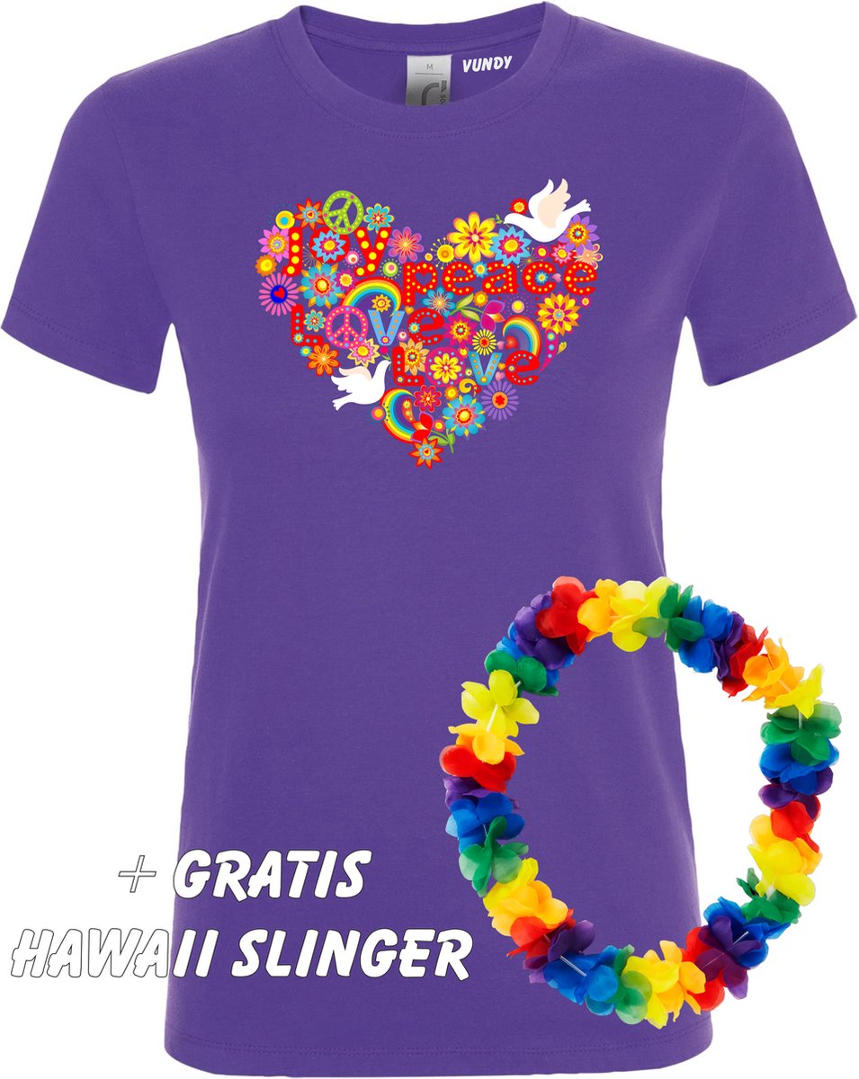 Dames t-shirt Love Peace Hart | Toppers in Concert 2022 | Toppers kleding shirt | Flower Power| Happy Together | Hippie Jaren 60 | Paars dames | maat XS